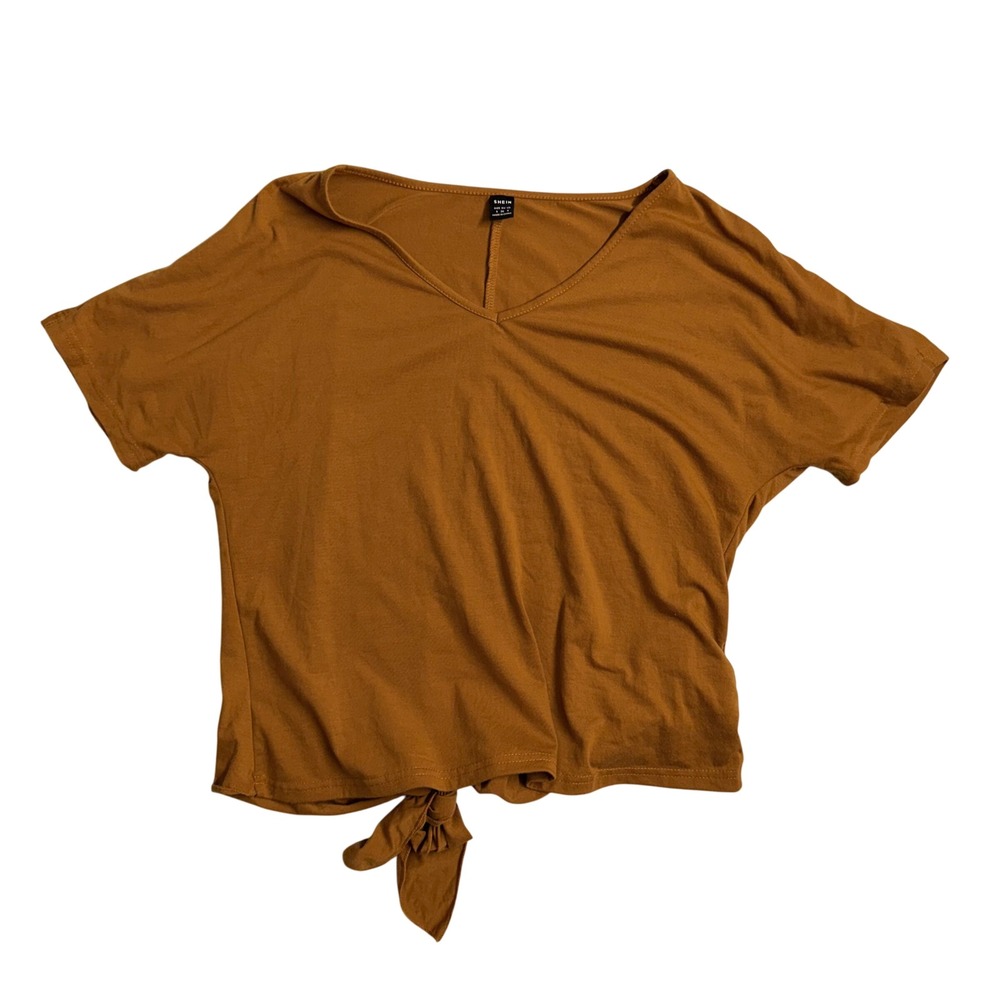 SHEIN Mustard Yellow V Neck‎ Short Sleeve Tie Front T Shirt Women Medium